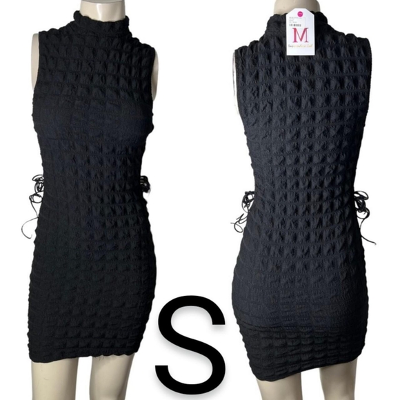 🆕Black Bubble Textured Side Lace Up Tie Stretchy Mock Neck Bodycon Dress~Size S - Picture 4 of 10